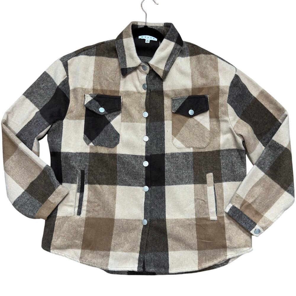 Hyfve Plaid Buffalo Check Long Sleeve Button Up Shacket Medium Cabincore